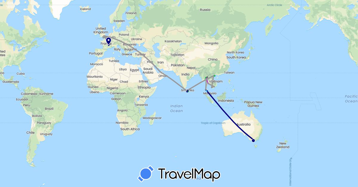 TravelMap itinerary: driving, bus, plane, train, hiking, boat, motorbike in United Arab Emirates, Australia, France, United Kingdom, Sri Lanka, Thailand, Vietnam (Asia, Europe, Oceania)